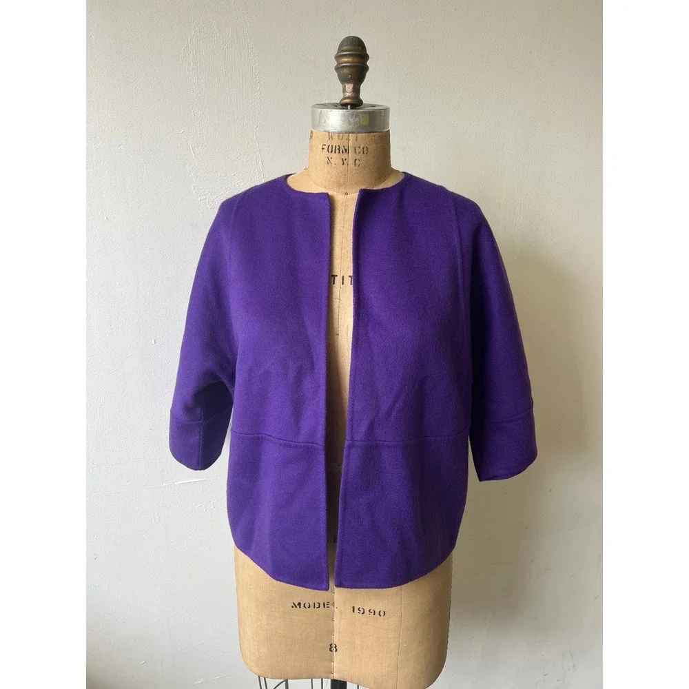 Michael Kors Purple Wool Open Front Jacket 3/4 Sleeve Collarless Boxy Crop 6